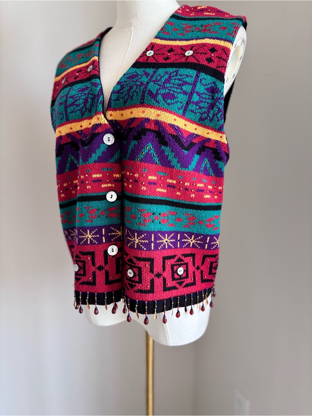 Carole Little Vintage 90s Knit Beaded Fringe Sweater Vest Geometric M - Picture 4 of 7